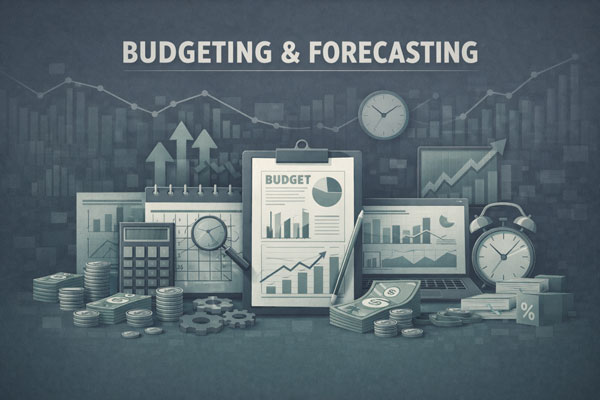 3D illustration titled "Budgeting & Forecasting" featuring a central "Budget" clipboard, a calendar, a calculator, alarm clocks, stacks of money, and digital data charts on a laptop against a dark gray background.